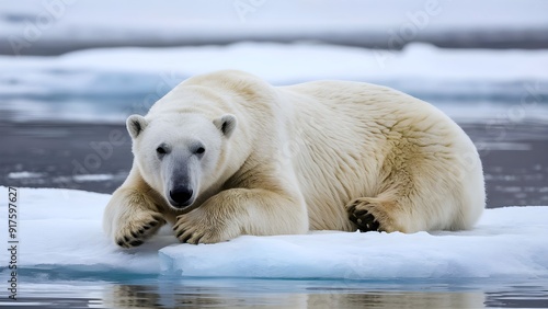 A polar bear is resting on a floating iceberg