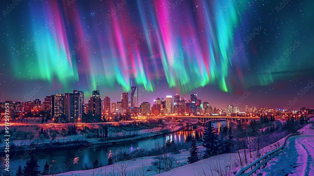 Cityscape under the Northern Lights, blending urban life with the mesmerizing beauty of the aurora boreal. Perfect for themes of wonder, modernity, and natural phenomena Cityscape under the Northern Lights, blending urban life with the mesmerizing beauty of the aurora boreal. Perfect for themes of wonder, modernity, and natural phenomena