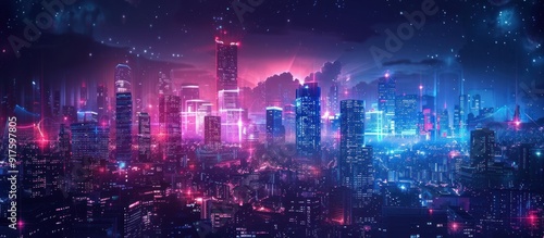 Futuristic Cityscape with Neon Lights and Stars