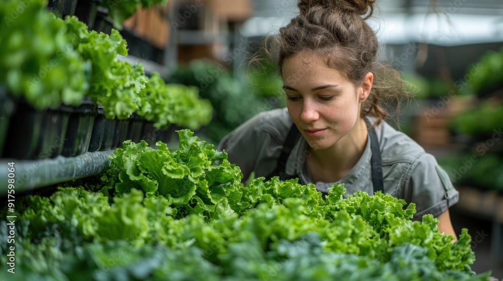 Woman inspecting fresh lettuce in a greenhouse Woman inspecting fresh lettuce in a greenhouse