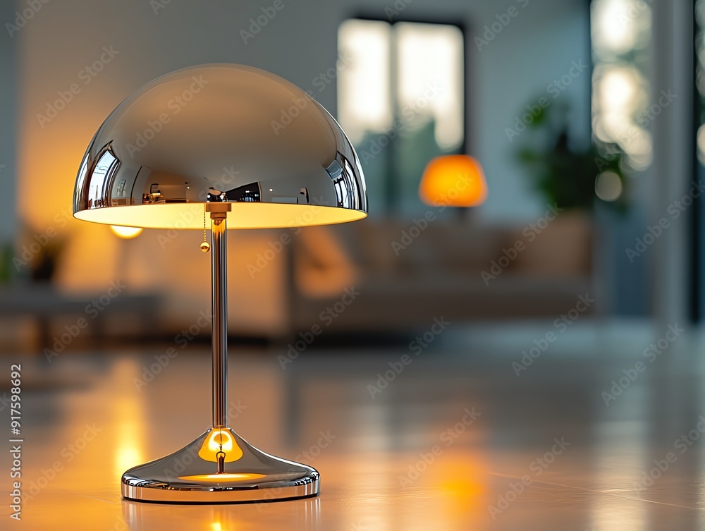 Retro chrome and glass table lamp with a minimalist design, softly glowing in a stylish 1960s living room Retro chrome and glass table lamp with a minimalist design, softly glowing in a stylish 1960s living room