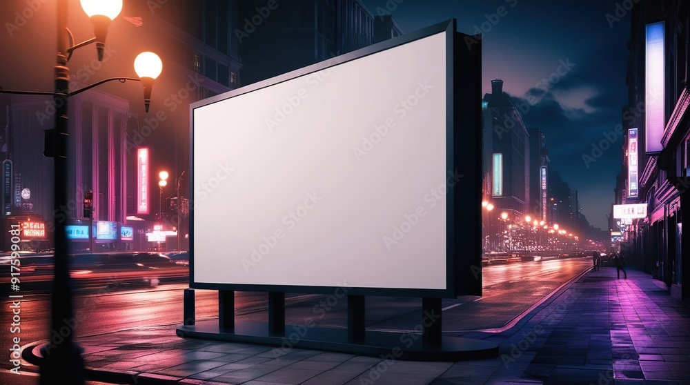 Blank white billboard on the side of the road at night from a side view and isolated on a bokeh background Blank white billboard on the side of the road at night from a side view and isolated on a bokeh background