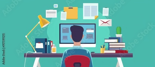 Man Working on Computer at Desk with Documents and Supplies