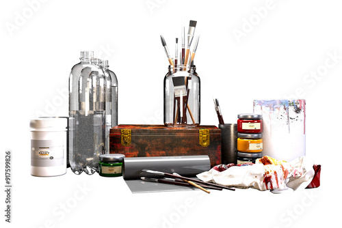 A collection of art supplies including paint, brushes, and jars