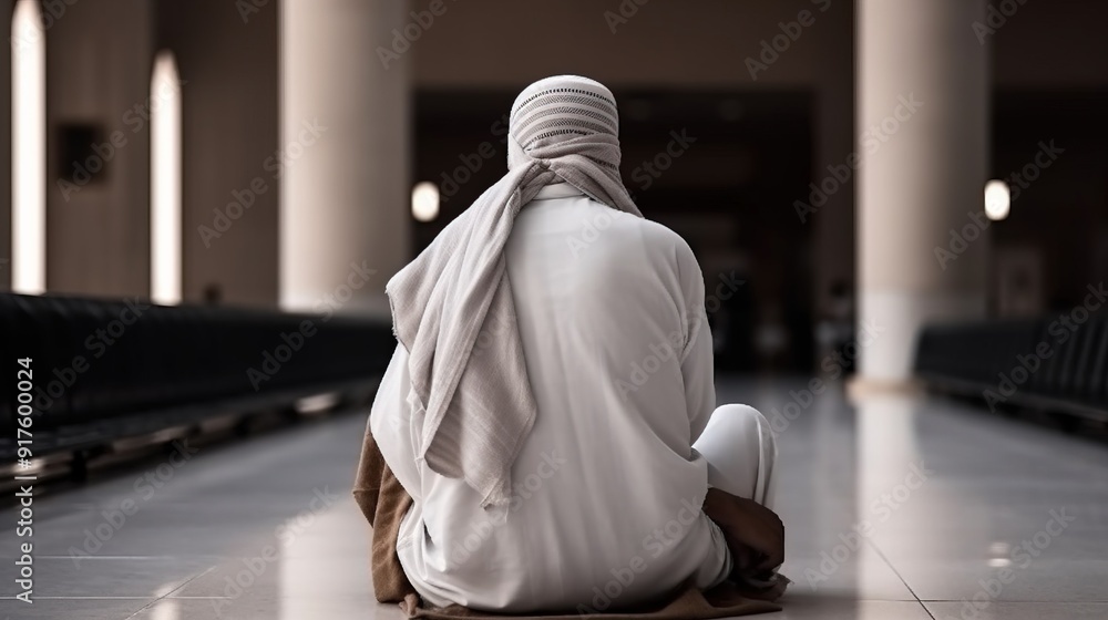 Muslim man praying in nature, in mosque to god, islamic arabic religion. AI generated. Muslim man praying in nature, in mosque to god, islamic arabic religion. AI generated.