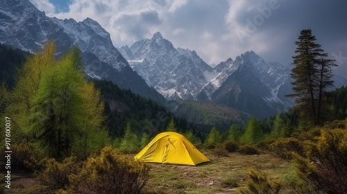 Tourist tent on the plateau, mountains tops background, outdoor activities. AI generated.