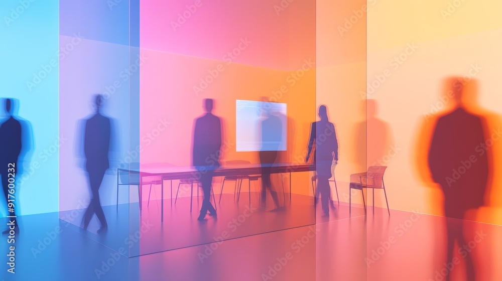 Futuristic Entrepreneurs: Collaborating in High-Tech Workspace with Holographic Displays and Neon Accents
