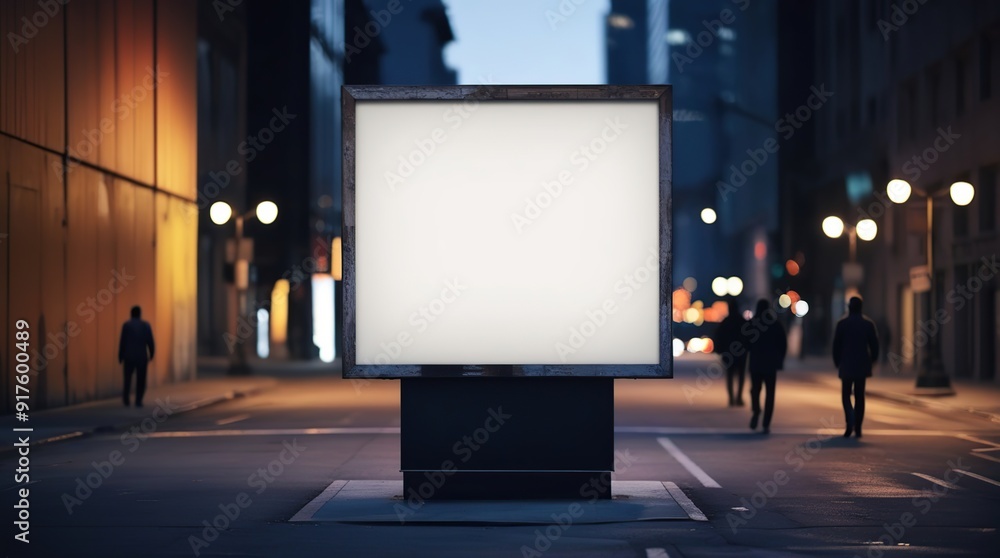 Blank white billboard on the side of the road at night from a frontal view and isolated on a bokeh background Blank white billboard on the side of the road at night from a frontal view and isolated on a bokeh background