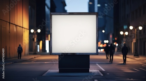 Blank white billboard on the side of the road at night from a frontal view and isolated on a bokeh background