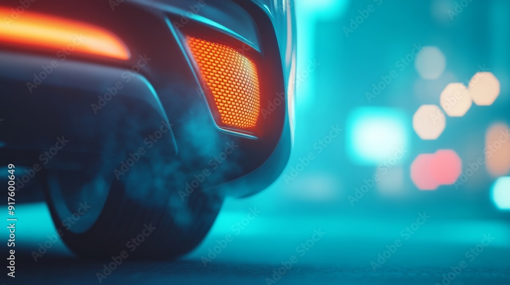 Futuristic Sci-Fi Concept of Car Exhaust with Holographic Emissions Display in Cool Blue Tones amid Urban Landscape Futuristic Sci-Fi Concept of Car Exhaust with Holographic Emissions Display in Cool Blue Tones amid Urban Landscape