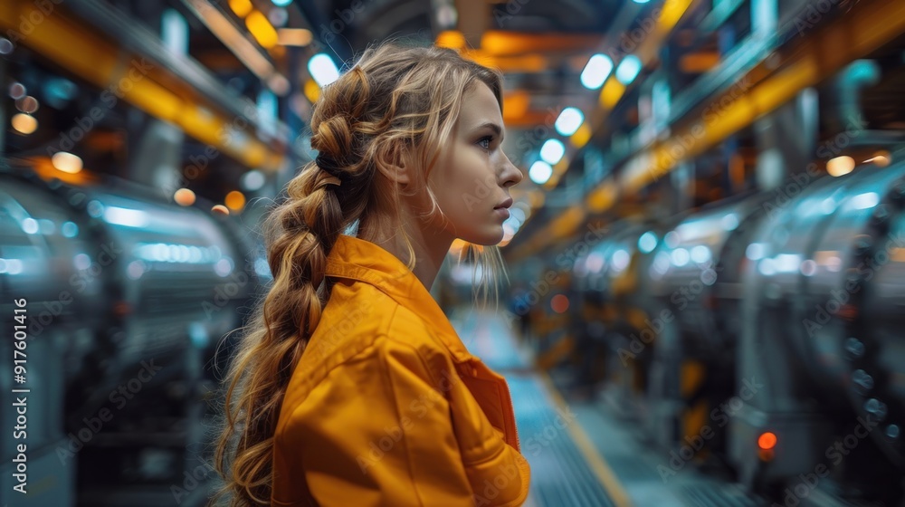 Woman in Orange Jumpsuit Looking at Machinery in Industrial Factory Woman in Orange Jumpsuit Looking at Machinery in Industrial Factory
