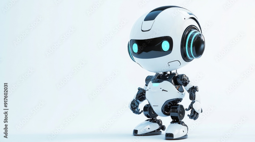 Adorable robot in a sleek headset, designed for online assistance, standing by. White background Adorable robot in a sleek headset, designed for online assistance, standing by. White background