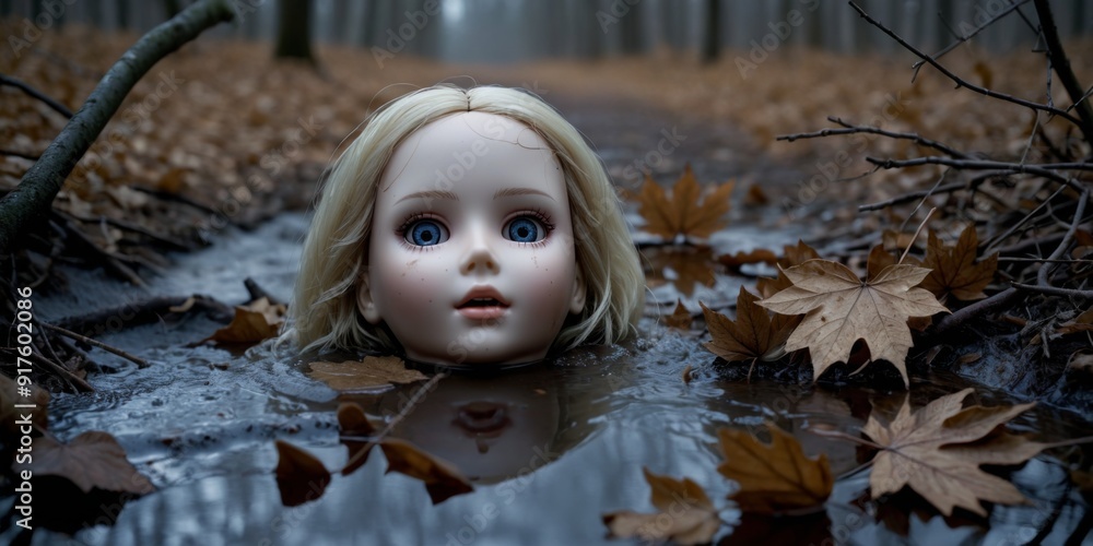 Poster Print Eerie vintage doll head submerged in murky water with fallen lea 40x20 cm