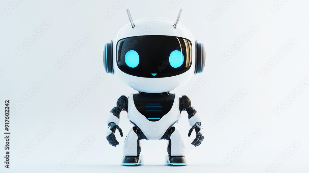 Adorable robot with a sleek headset, designed for virtual assistance, ready to serve. White background Adorable robot with a sleek headset, designed for virtual assistance, ready to serve. White background