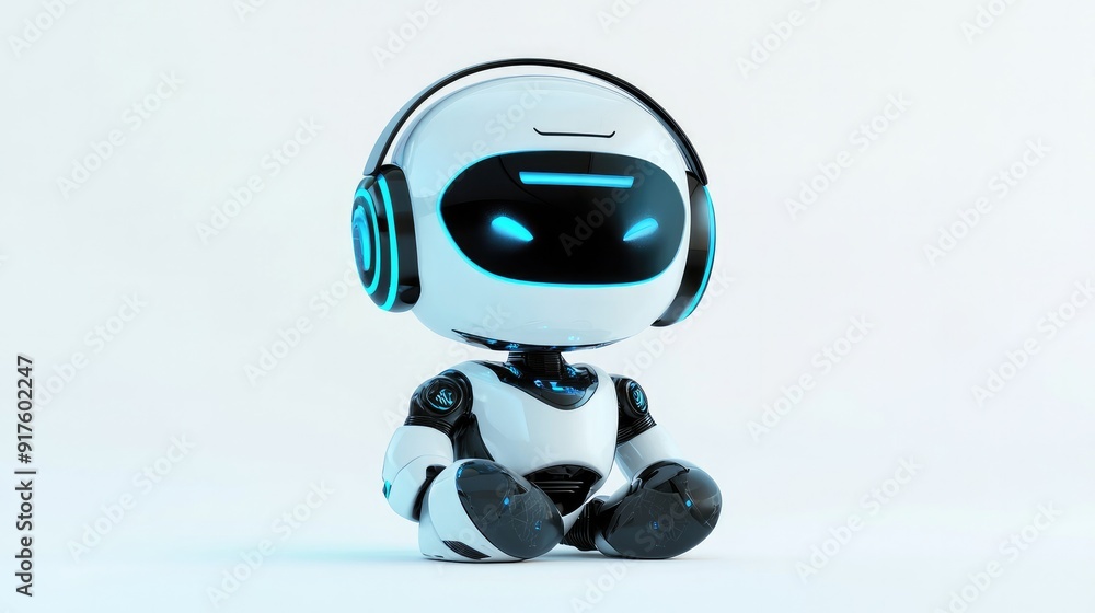 Adorable robot with a sleek headset, designed for virtual assistance, ready to serve. White background Adorable robot with a sleek headset, designed for virtual assistance, ready to serve. White background