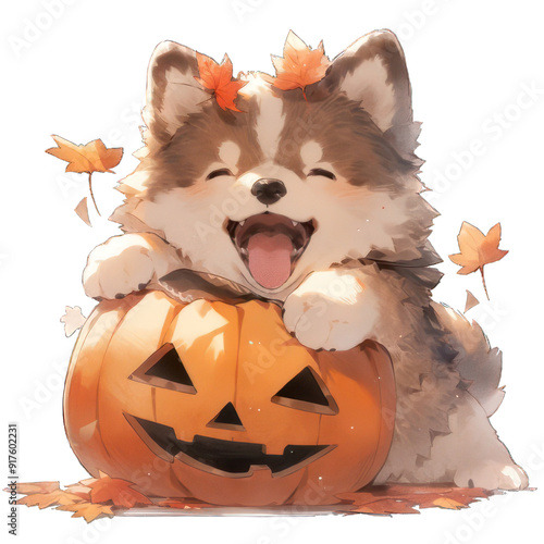 happy puppy dog with pumpkin on Halloween day transparent background png

 photo