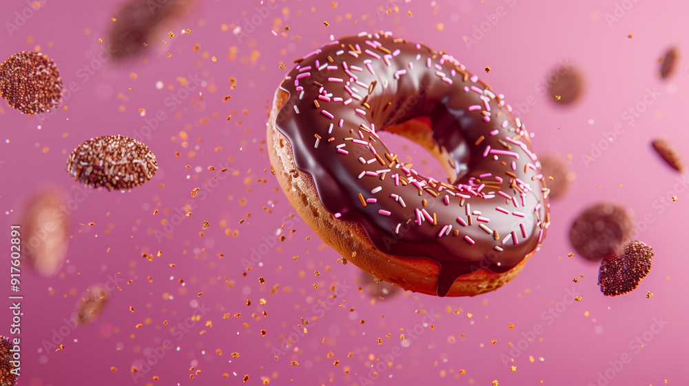 Chocolate glazed donut with sprinkles floating in mid-air against a pink background Chocolate glazed donut with sprinkles floating in mid-air against a pink background