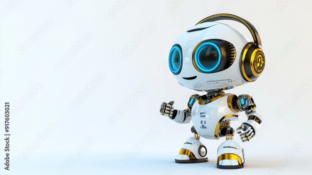 Cute and approachable robot with headphones and a microphone, ready to assist online. White background Cute and approachable robot with headphones and a microphone, ready to assist online. White background