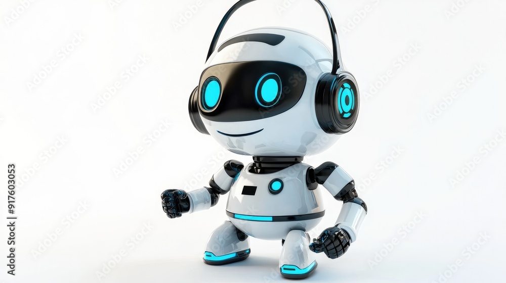 Cute and friendly robot with a headset, prepared to assist users online. Isolated on white background Cute and friendly robot with a headset, prepared to assist users online. Isolated on white background