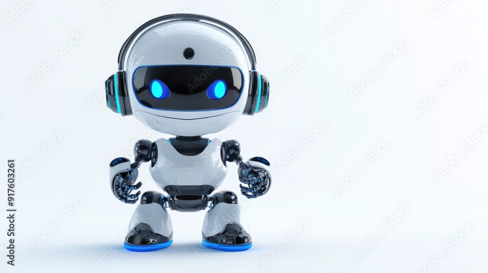 Cute robot with a headset, prepared to assist online. Friendly and approachable on a white background Cute robot with a headset, prepared to assist online. Friendly and approachable on a white background