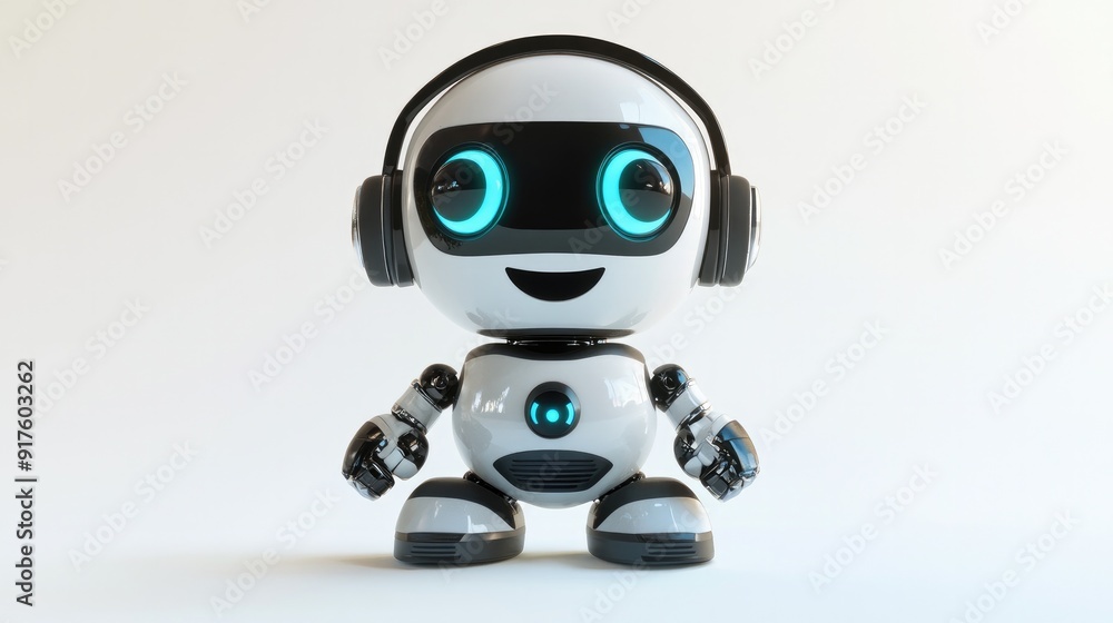 Cute robot with a headset, prepared to assist online. Friendly and approachable on a white background Cute robot with a headset, prepared to assist online. Friendly and approachable on a white background