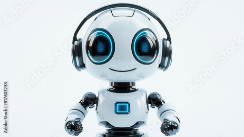 Cute robot with a headset, prepared to assist online. Friendly and approachable on a white background