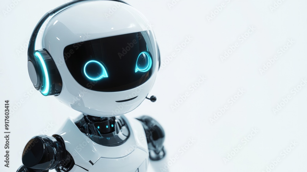 Cute robot with a sleek headset, prepared to assist virtually. Friendly and approachable on a white backdrop Cute robot with a sleek headset, prepared to assist virtually. Friendly and approachable on a white backdrop