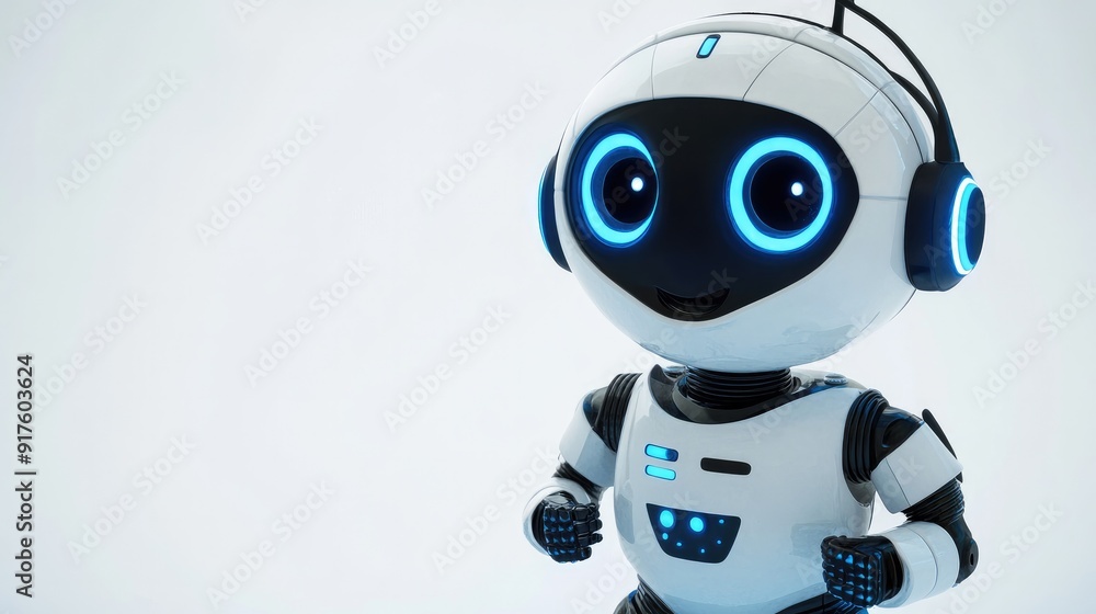 Friendly robot assistant with big eyes, equipped with a headset, smiling and ready to help. White background Friendly robot assistant with big eyes, equipped with a headset, smiling and ready to help. White background