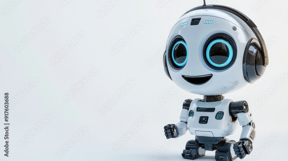 Friendly robot assistant with big eyes, equipped with a headset, smiling warmly. White background Friendly robot assistant with big eyes, equipped with a headset, smiling warmly. White background