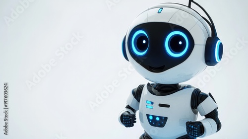 Friendly robot assistant with big eyes, equipped with a headset, smiling and ready to help. White background