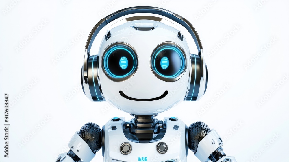 Friendly robot with headphones and microphone, smiling and ready to assist. Isolated on white background Friendly robot with headphones and microphone, smiling and ready to assist. Isolated on white background