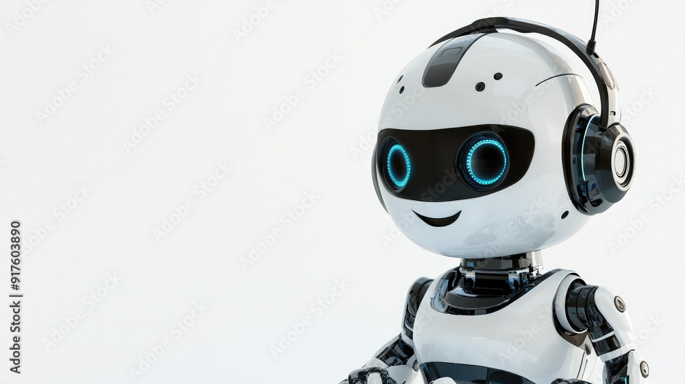 Happy robot with a headset, standing by to assist online. White background, cheerful expression Happy robot with a headset, standing by to assist online. White background, cheerful expression