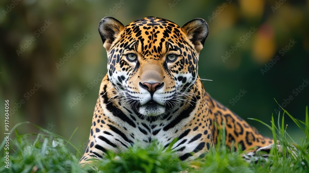 A jaguar is seen sitting in the grass seemingly waiting for prey A jaguar is seen sitting in the grass seemingly waiting for prey