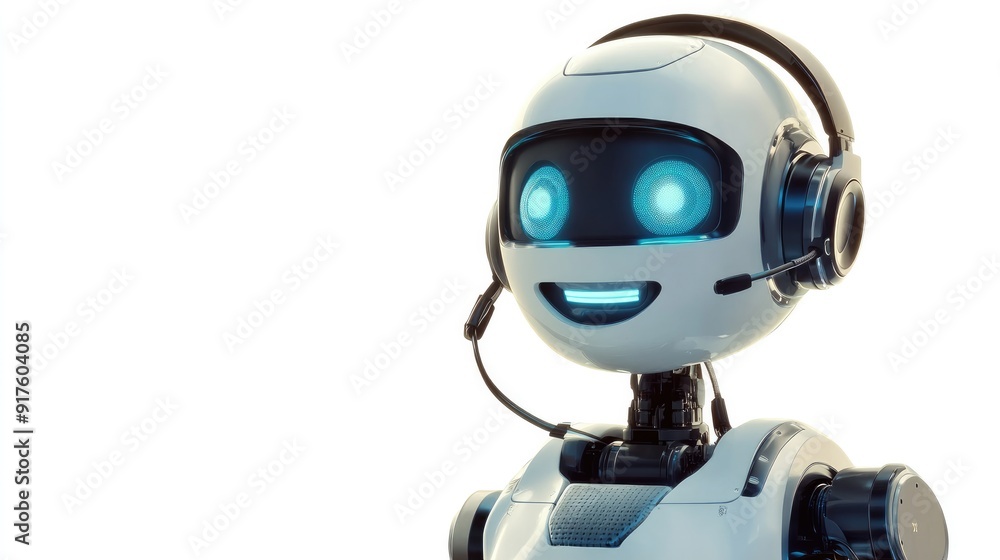 Robot assistant with a cheerful expression, wearing a headset, prepared to help online. Isolated on white Robot assistant with a cheerful expression, wearing a headset, prepared to help online. Isolated on white