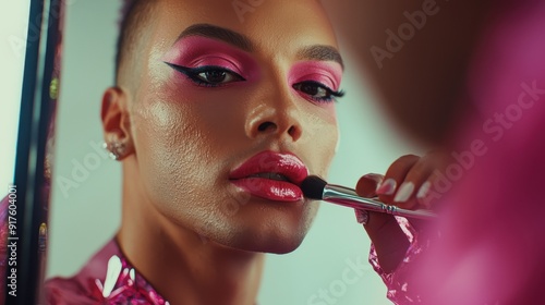 Candid close up of a gay male drag queen applying pink makeup in the mirror. AI generated