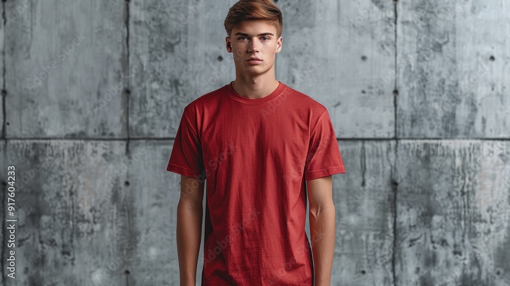 Man in Red T-Shirt Against Concrete Wall Man in Red T-Shirt Against Concrete Wall