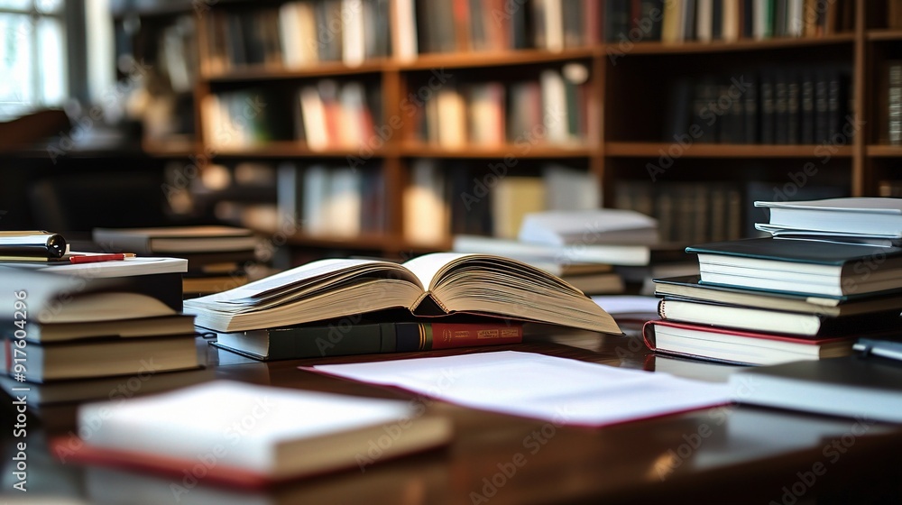 Lawyer's desk filled with legal books and documents, showcasing a busy and professional environment Lawyer's desk filled with legal books and documents, showcasing a busy and professional environment