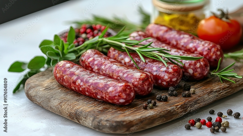 Raw sausages on the wooden board Raw sausages on the wooden board