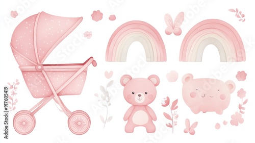 Charming pink toy set, featuring vector illustrations of a stroller, bear, and rainbow. White background