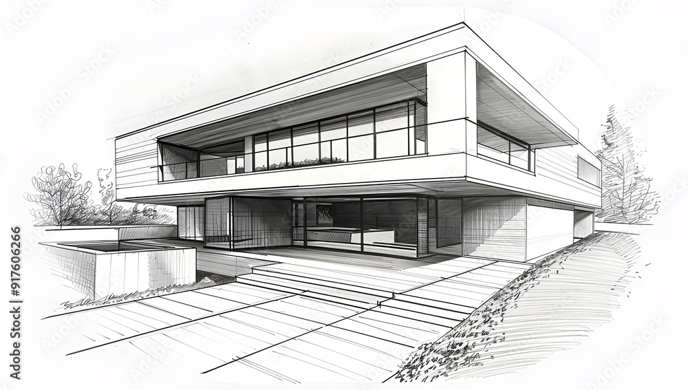 Architectural sketch of a modern house with a minimalist design, featuring flat roofs and large windows. Perspective view with detailed line art on a white background. Architectural sketch of a modern house with a minimalist design, featuring flat roofs and large windows. Perspective view with detailed line art on a white background.
