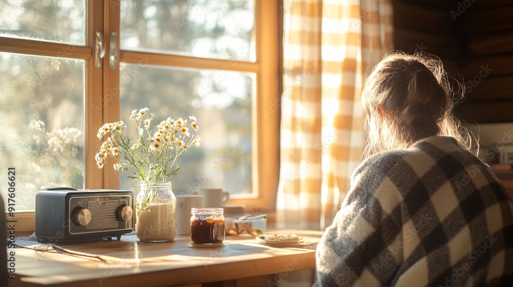 240802 65. Person in cozy fleece pajamas having slow breakfast while gazing out window, farmhouse-style dining table, sunlight streaming through checkered curtains, warm wood tones in exposed beams, 240802 65. Person in cozy fleece pajamas having slow breakfast while gazing out window, farmhouse-style dining table, sunlight streaming through checkered curtains, warm wood tones in exposed beams,