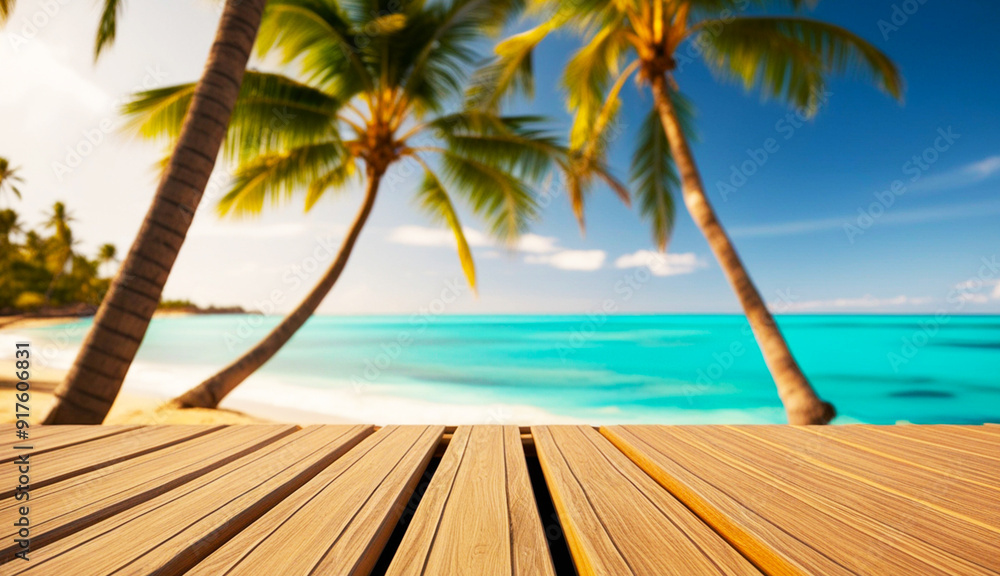 Fototapeta premium Tropical beach scene with wooden deck, swaying palm trees, and vibrant turquoise ocean