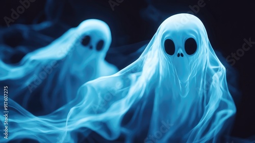 Two glowing blue ghostly figures float in dark ambiance