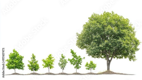 Growth stages of a tree, illustrated from sprout to mature tree, clearly showing development. White background