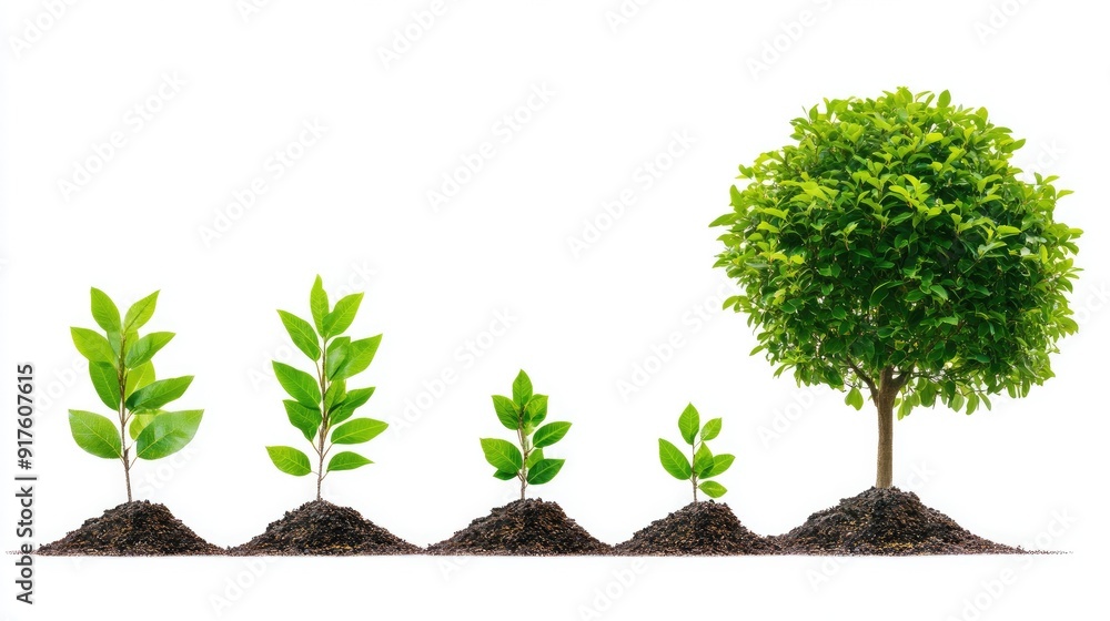 Fototapeta premium Growth stages of a tree, showing the development from seedling to large tree. Clean white background