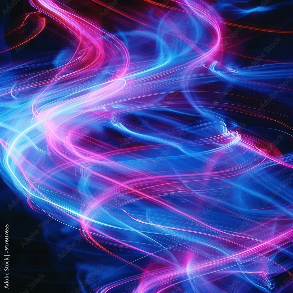 The dynamic display of neon futuristic light lines streaking across a black background The dynamic display of neon futuristic light lines streaking across a black background