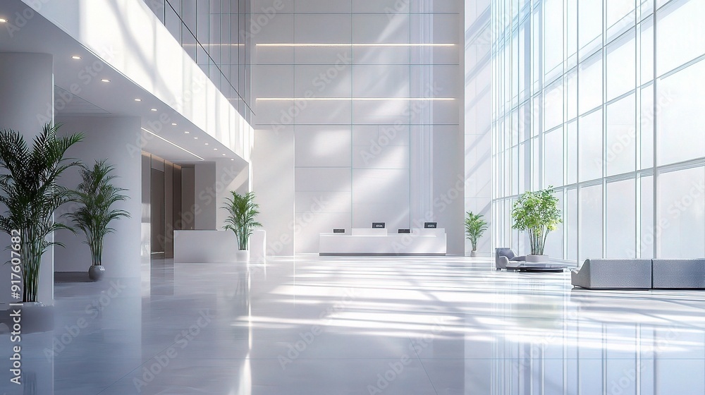 Modern Office Lobby: A pristine and spacious office lobby bathed in natural light. The minimalist design, with sleek white surfaces and potted plants, exudes professionalism and tranquility, creating Modern Office Lobby: A pristine and spacious office lobby bathed in natural light. The minimalist design, with sleek white surfaces and potted plants, exudes professionalism and tranquility, creating