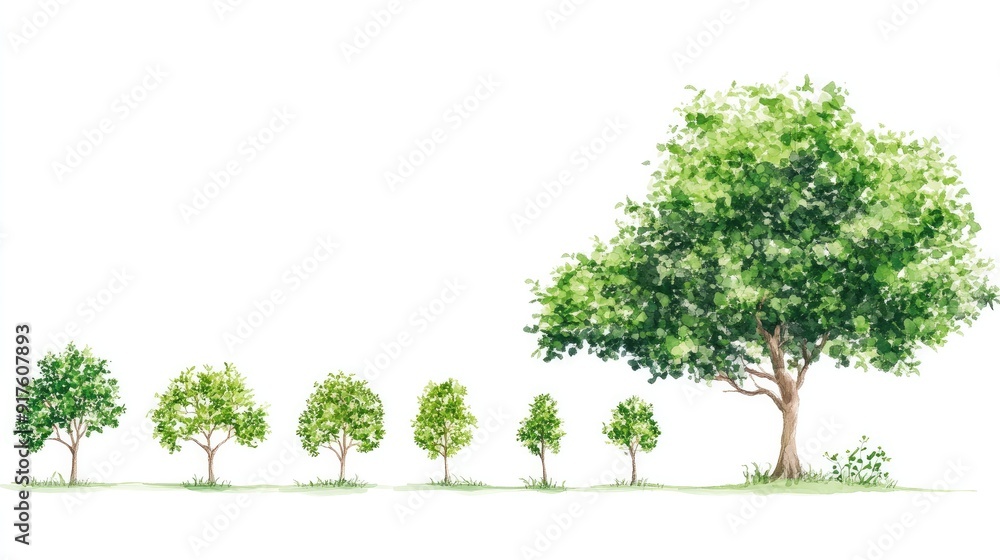 Obraz premium Illustration of tree growth, from seedling to large tree, showing each stage clearly. White background
