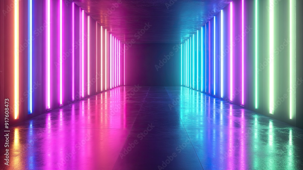 Abstract background with flashing neon lights of green blue white pink violet colors glowing on rectangle lines on shiny reflecting stage Abstract background with flashing neon lights of green blue white pink violet colors glowing on rectangle lines on shiny reflecting stage