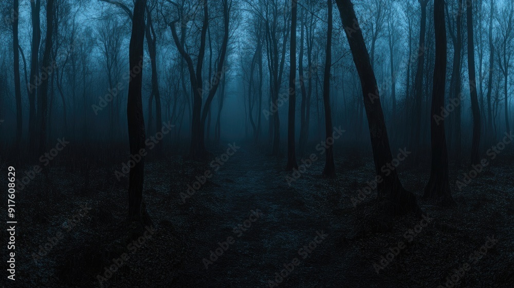 Fototapeta premium Eerie, foggy forest at dusk with silhouettes of bare trees